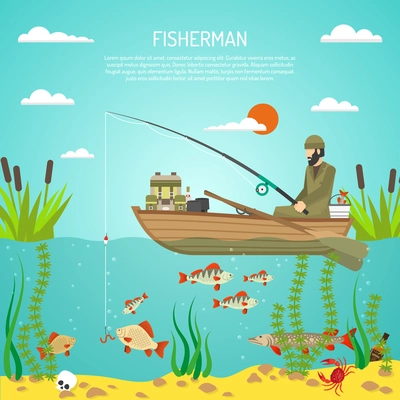 Flat color design concept with fisherman with spinning in boat reeds and fishes in lake flat vector illustration