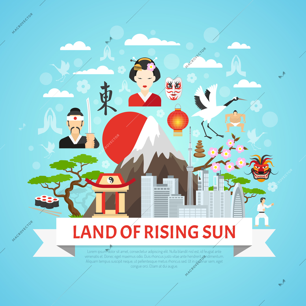 Japan concept background with land of rising sun symbols flat vector illustration