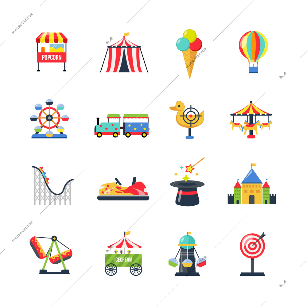 Flat color amusement park icons with roller coaster circus tent ferris wheel and airship isolated vector illustration