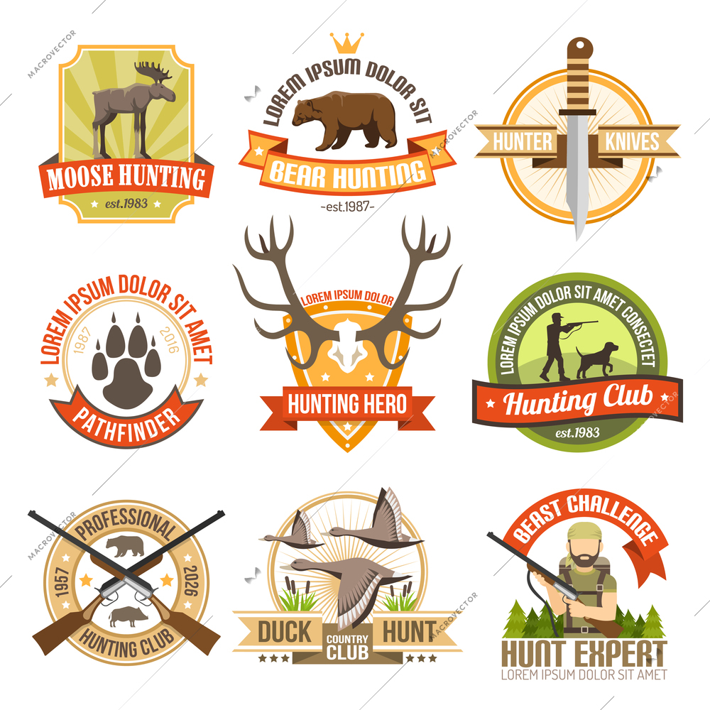 Flat color hunting emblems with images of ducks bear moose and aiming hunter with dog isolated vector illustration