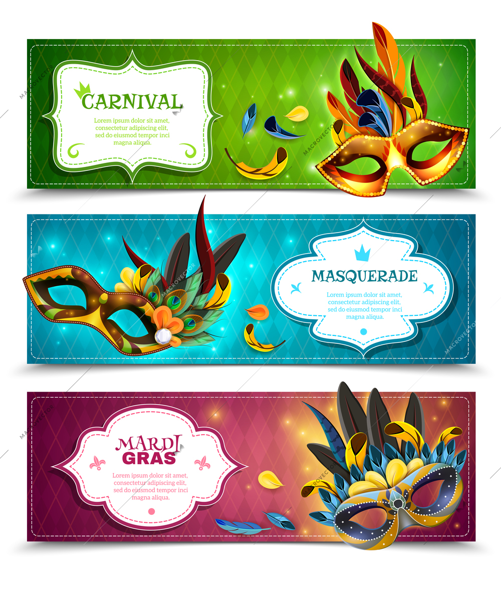 Masquerade realistic horizontal banners set with carnival symbols isolated vector illustration