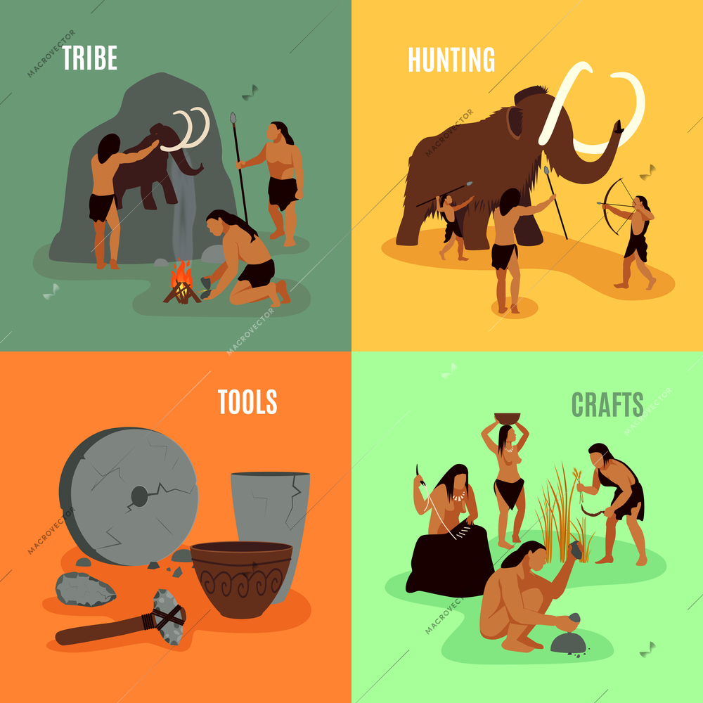 Prehistoric stone age caveman being elements tribe hunting tools and crafts flat 2x2 images set vector illustration