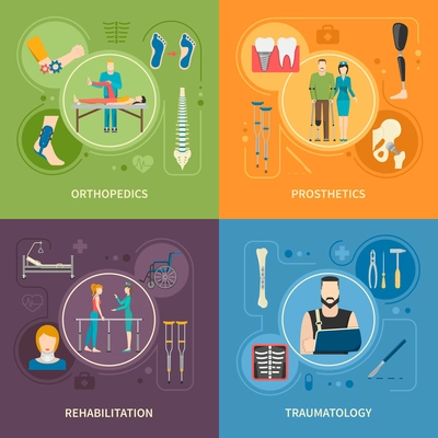 Flat 2x2 images set presenting orthopedics prosthetics rehabilitation and traumatology medical service vector illustration