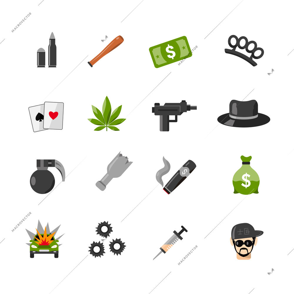 Flat color isolated gangster icons with elements of criminal lifestyle gambling cash and gun isolated vector illustration