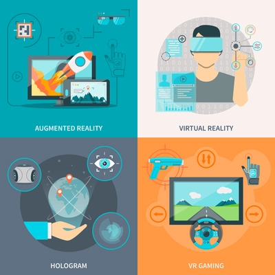 Flat 2x2 images set of augmented and virtual reality hologram and VR gaming vector illustration