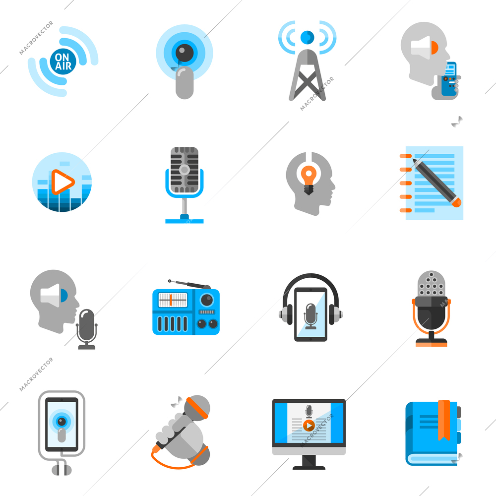 Podcast and online audio information flat icons set isolated vector illustration
