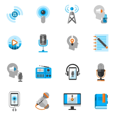 Podcast and online audio information flat icons set isolated vector illustration