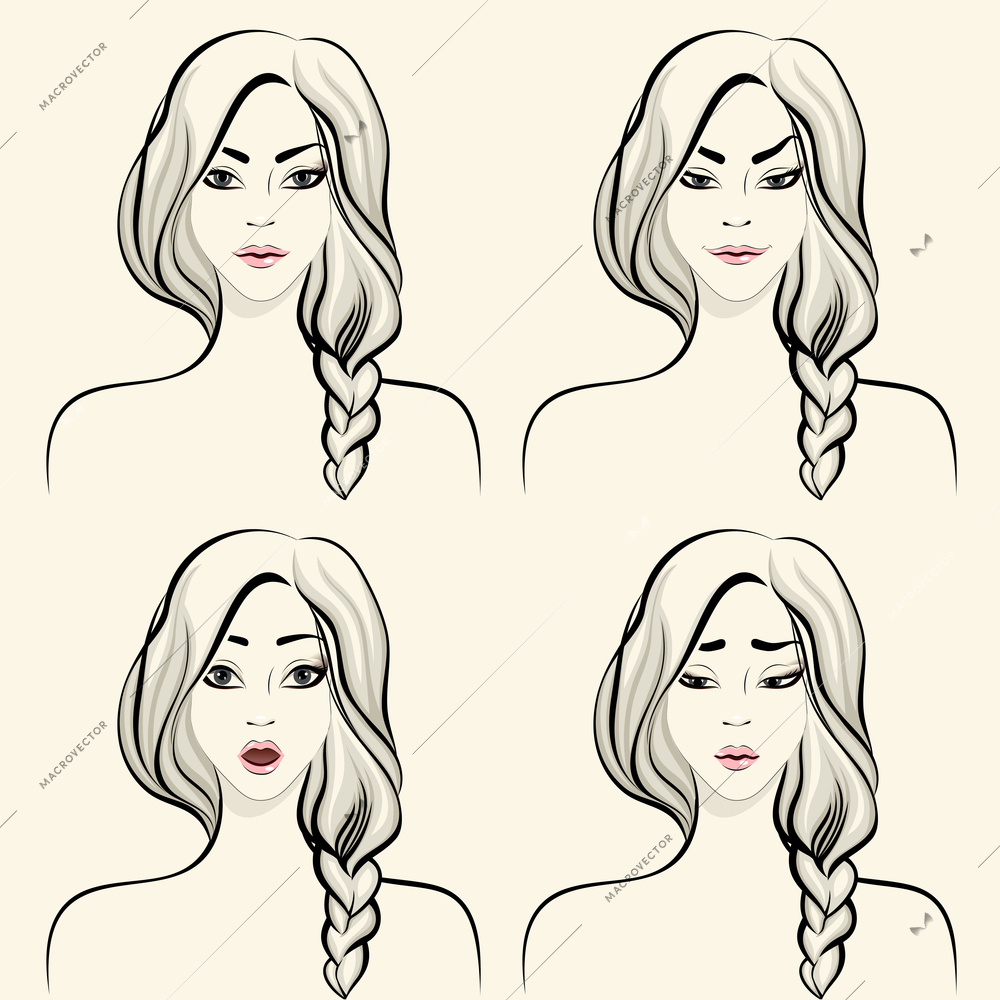 Woman facial emotions design elements set of smile surprise confusion and anger isolated vector illustration