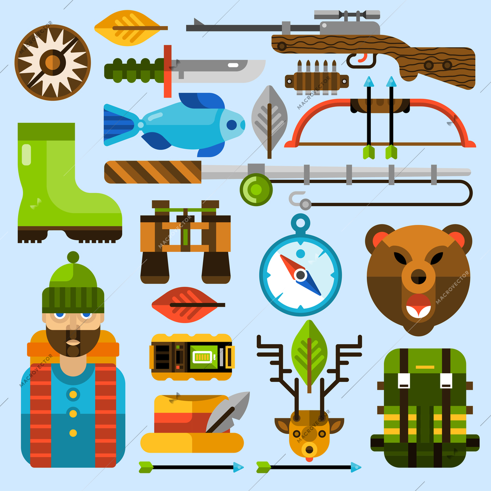 Hunting and fishing icons set with flat outdoor leisure activities isolated vector illustration