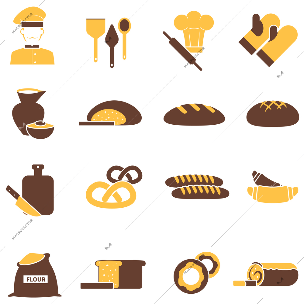 Bakery icons flat set with pastry and cakes food isolated vector illustration