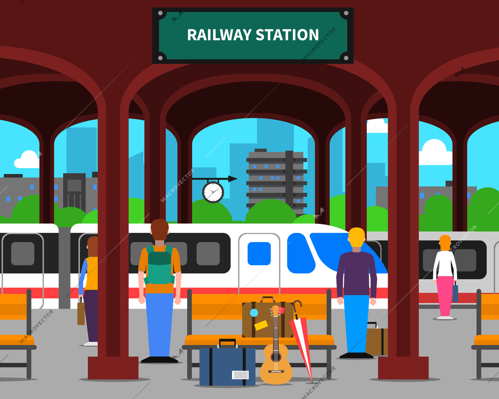 Railway station with locomotive and passengers on platform flat vector illustration