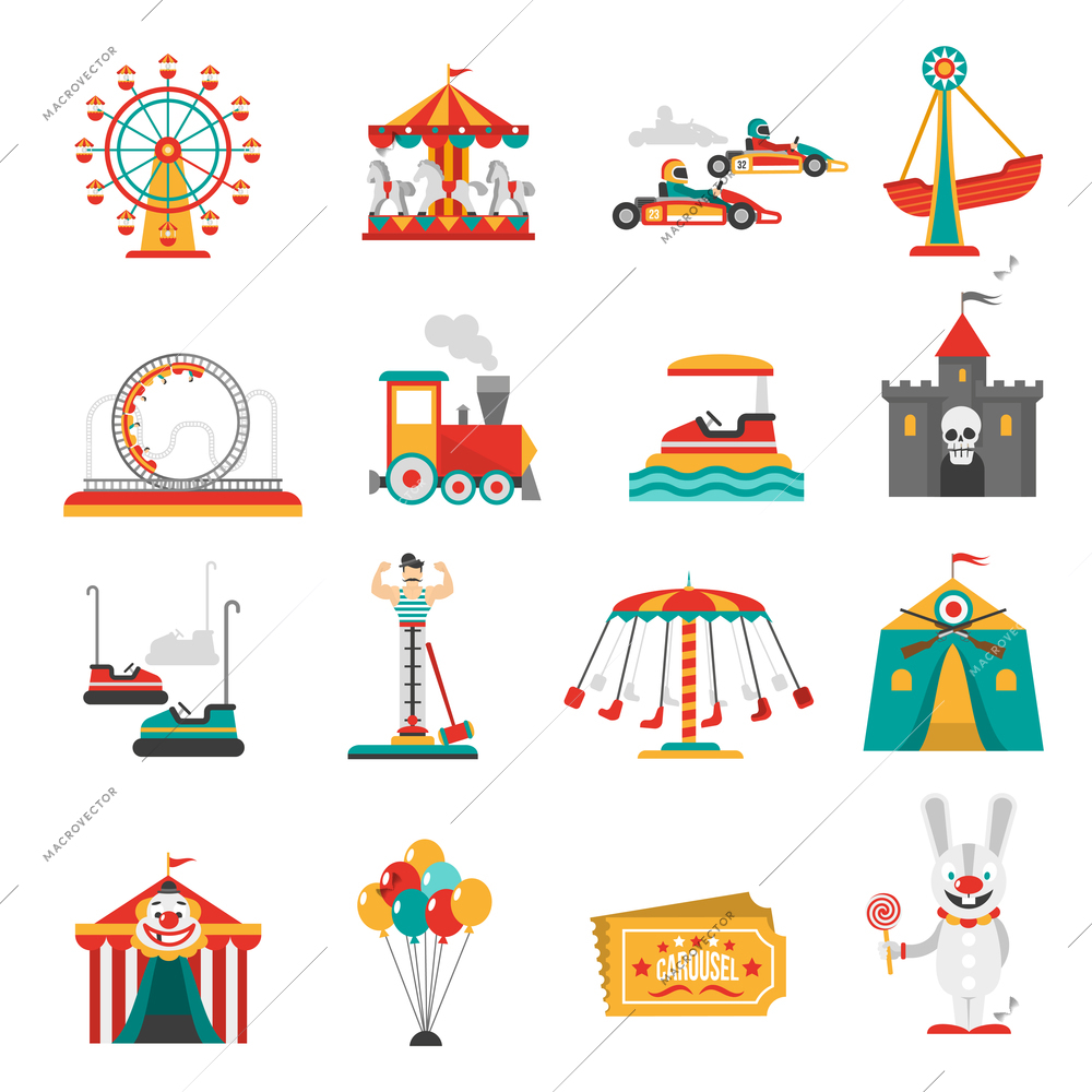 Amusement park flat icons set with family attractions isolated vector illustration