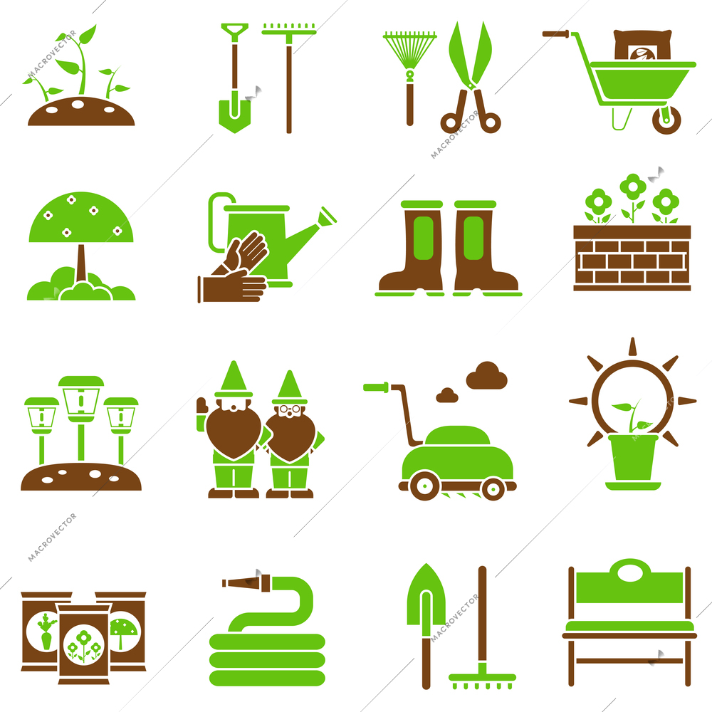 Gardening icons set with flat plant cultivation equipment isolated vector illustration