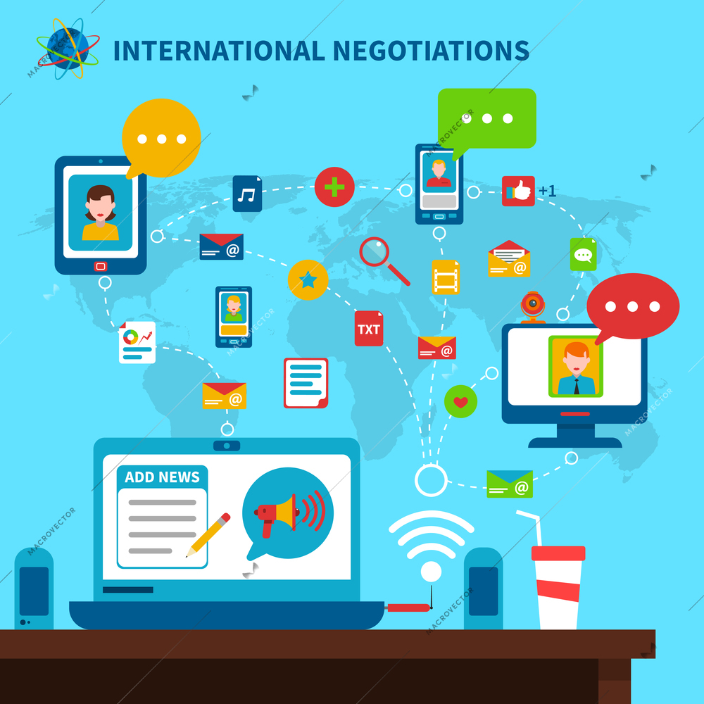 International negotiations background with laptop table and map flat vector illustration