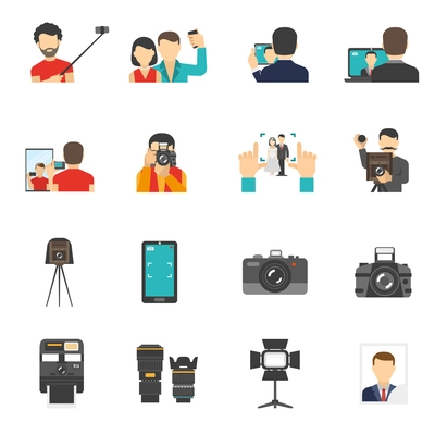 Photography flat icons set with photo camera equipment and people making selfie isolated vector illustration