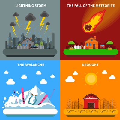 Natural disaster concept 4 flat icons square composition banner with meteorite and drought abstract isolated vector illustration