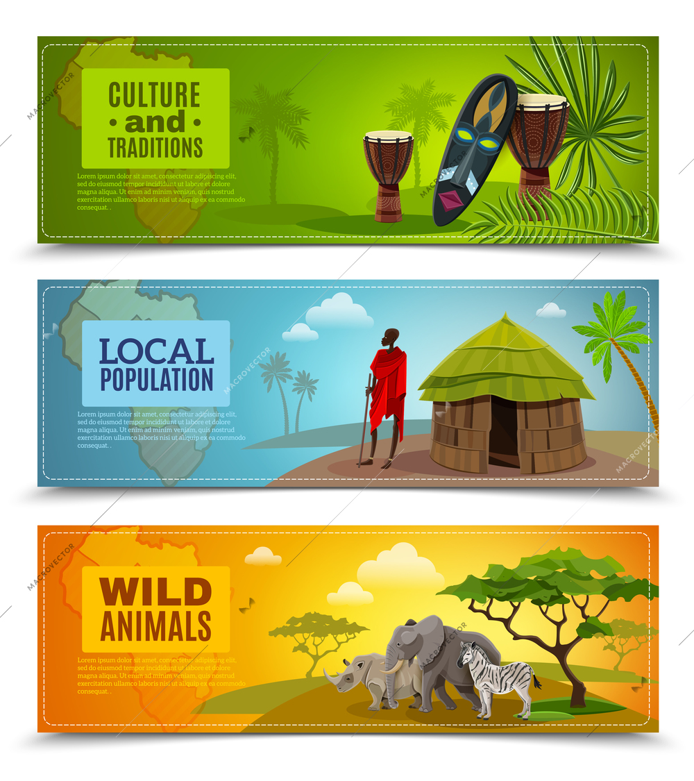 Africa horizontal cartoon banners set with culture and traditions symbols isolated vector illustration