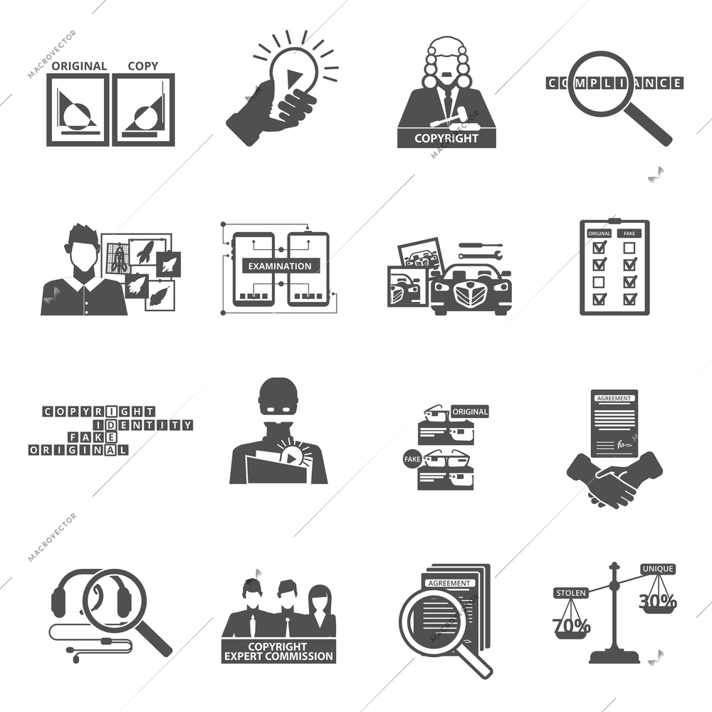 Copyright compliance law transparency black icons set with original and fake products pictograms abstract isolated vector illustration