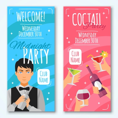 Flat cocktail invitations to midnight party with barmen and hands with wineglasses and bottle in retro style vector illustration