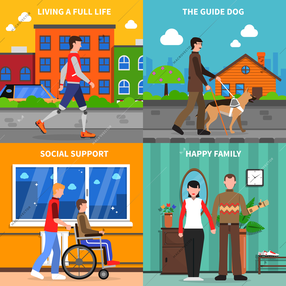 Disabled handicapped people living full life with social support 4 flat icons square composition abstract isolated vector illustration