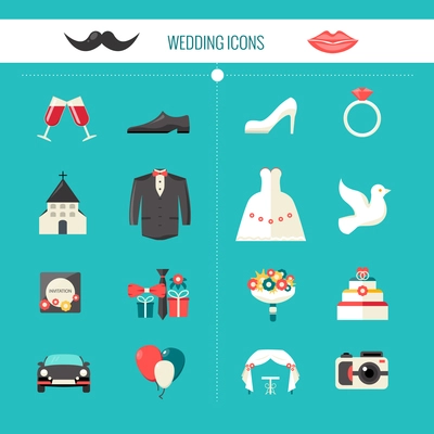 Color decorative wedding icons witn clothes of bride and groom festive civil accessories and church isolated vector illustration