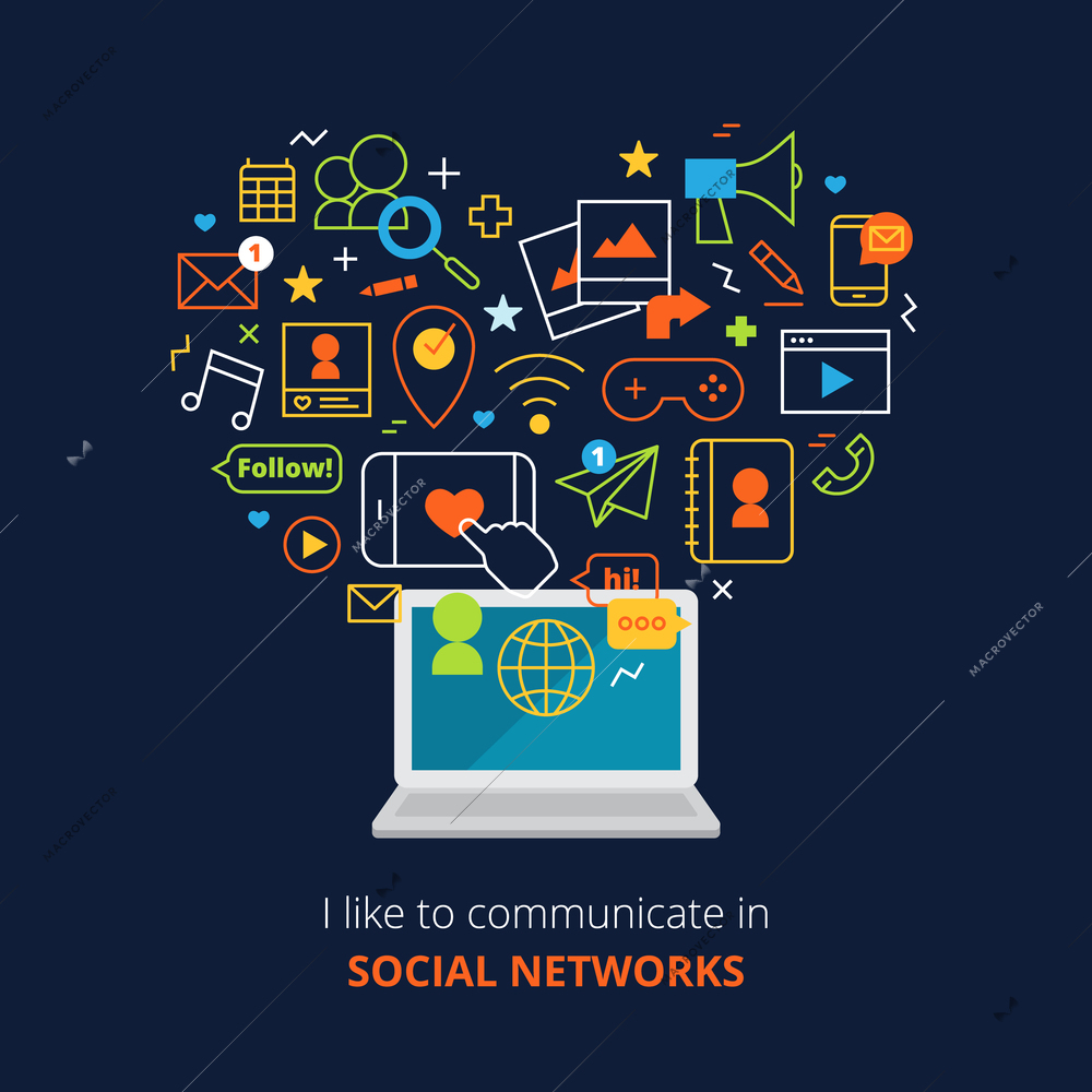 Social media poster with computer and network line abstract icons set on blue background flat vector illustration