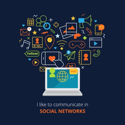 Social media poster with computer and network line abstract icons set on blue background flat vector illustration