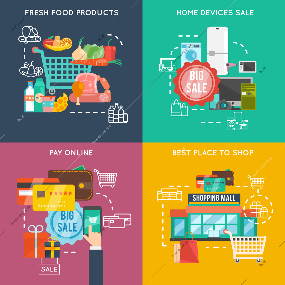 Shopping design concept set with food products and home devices flat icons isolated vector illustration