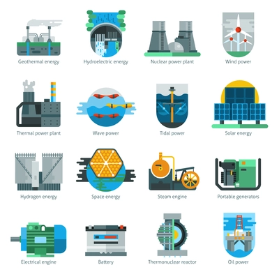 Energy production flat icons set with fuel and electricity manufacturing isolated vector illustration