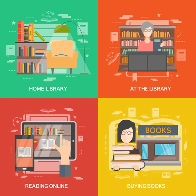 Library design concept set with online reading flat icons isolated vector illustration