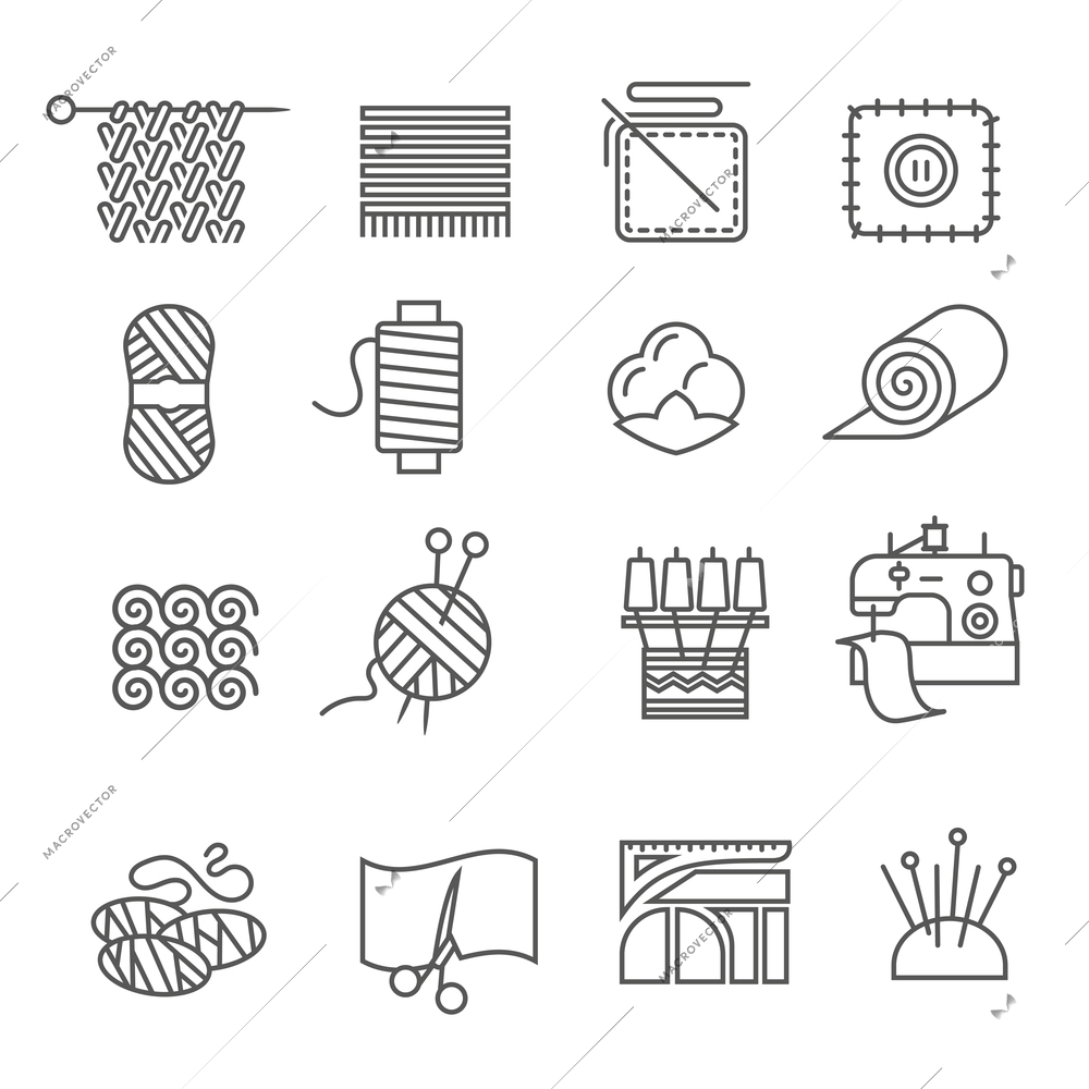 Textile industry outline icons set with cloth and fabtic samples isolated vector illustration