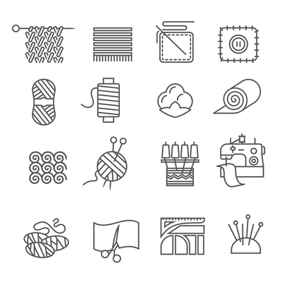 Textile industry outline icons set with cloth and fabtic samples isolated vector illustration