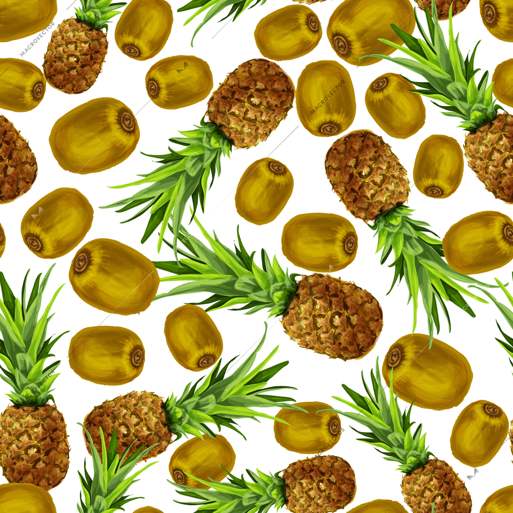 Seamless natural organic sweet pineapple and juicy kiwi pattern vector illustration
