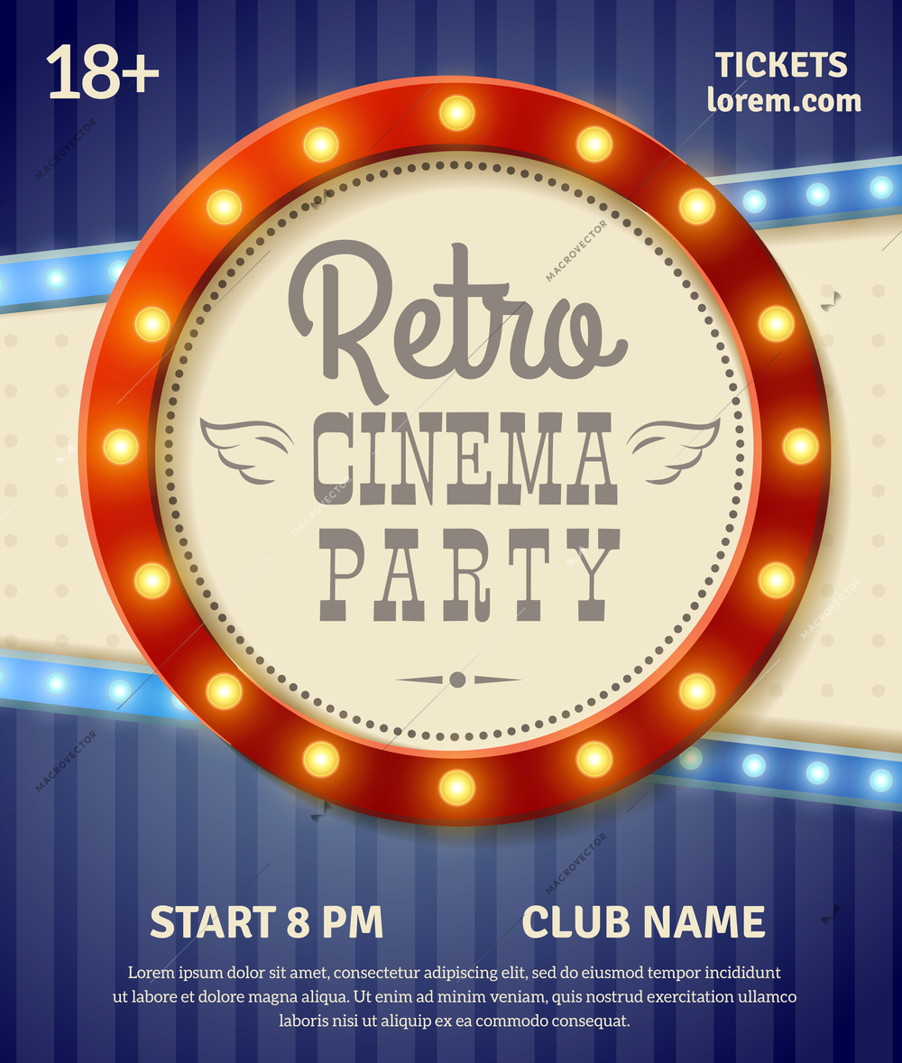 Retro cinema party poster with light banner realistic vector illustration