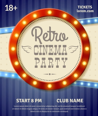 Retro cinema party poster with light banner realistic vector illustration