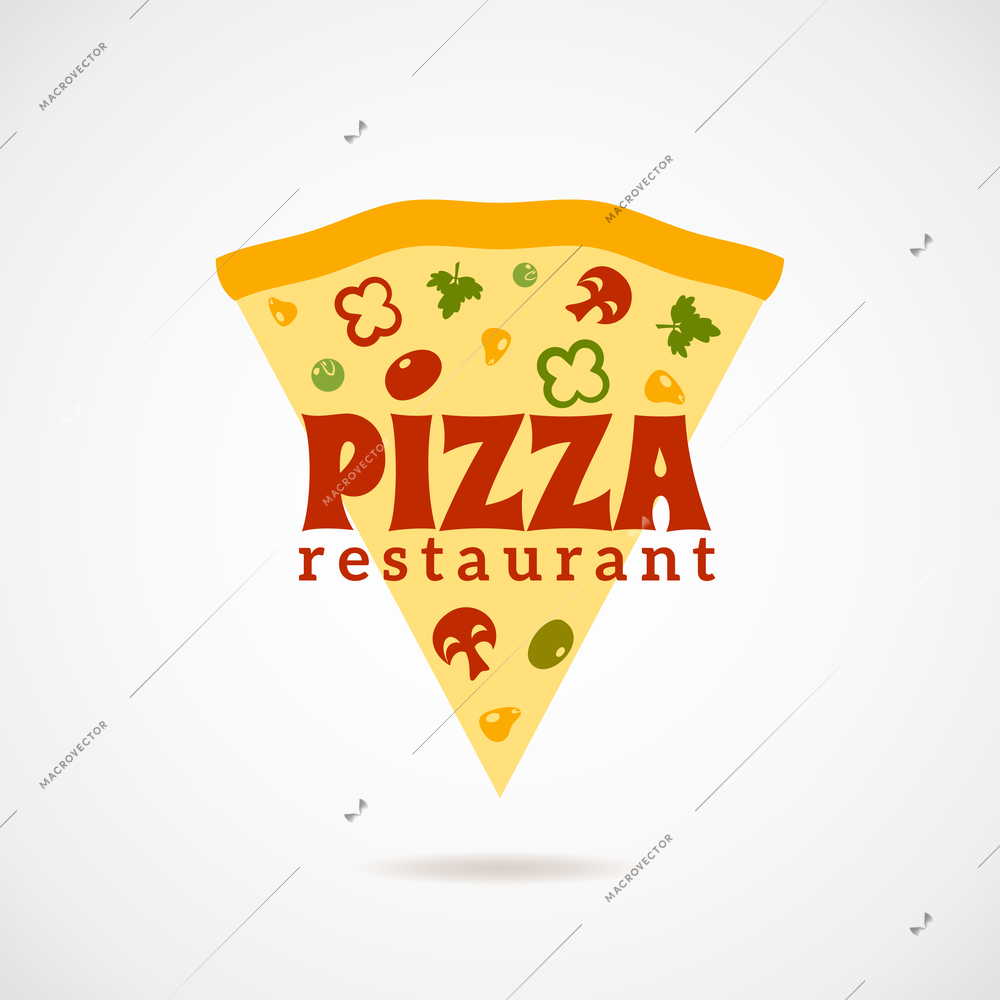 Pizza restaurant logo with a piece of pizza with vegetables and mushrooms flat vector illustration