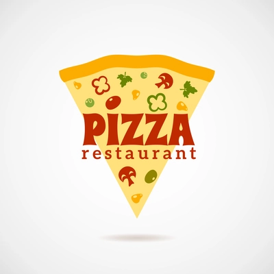 Pizza restaurant logo with a piece of pizza with vegetables and mushrooms flat vector illustration