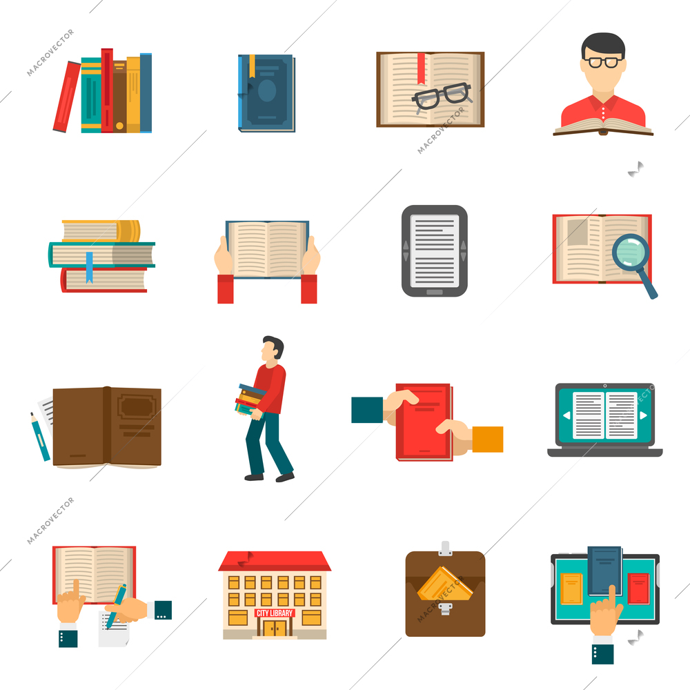 Library flat icons set with people reading traditional and electronic books isolated vector illustration