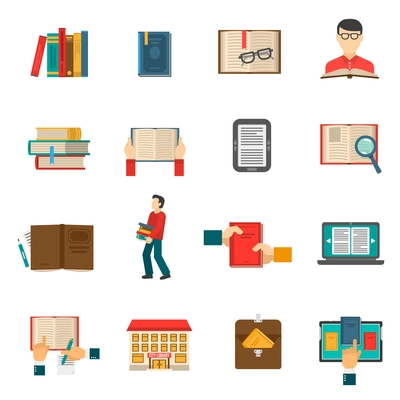 Library flat icons set with people reading traditional and electronic books isolated vector illustration