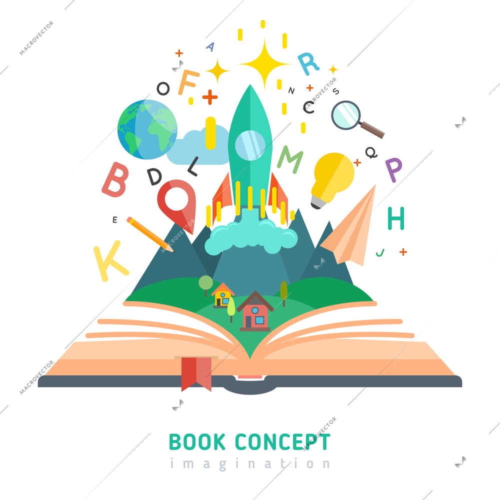 Book concept with flat imagination and education symbols vector illustration