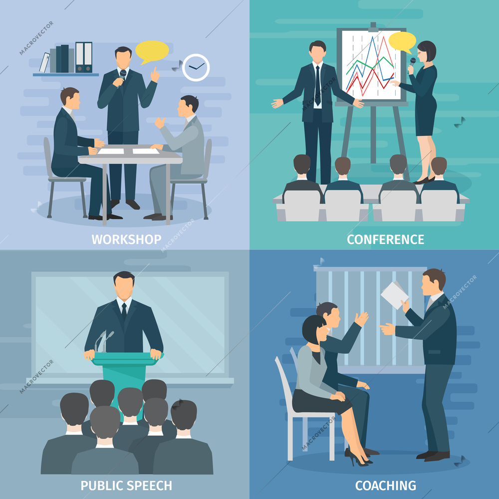 Public speaking skills coaching workshop presentation and conference 4 flat icons composition square abstract isolated illustration vector