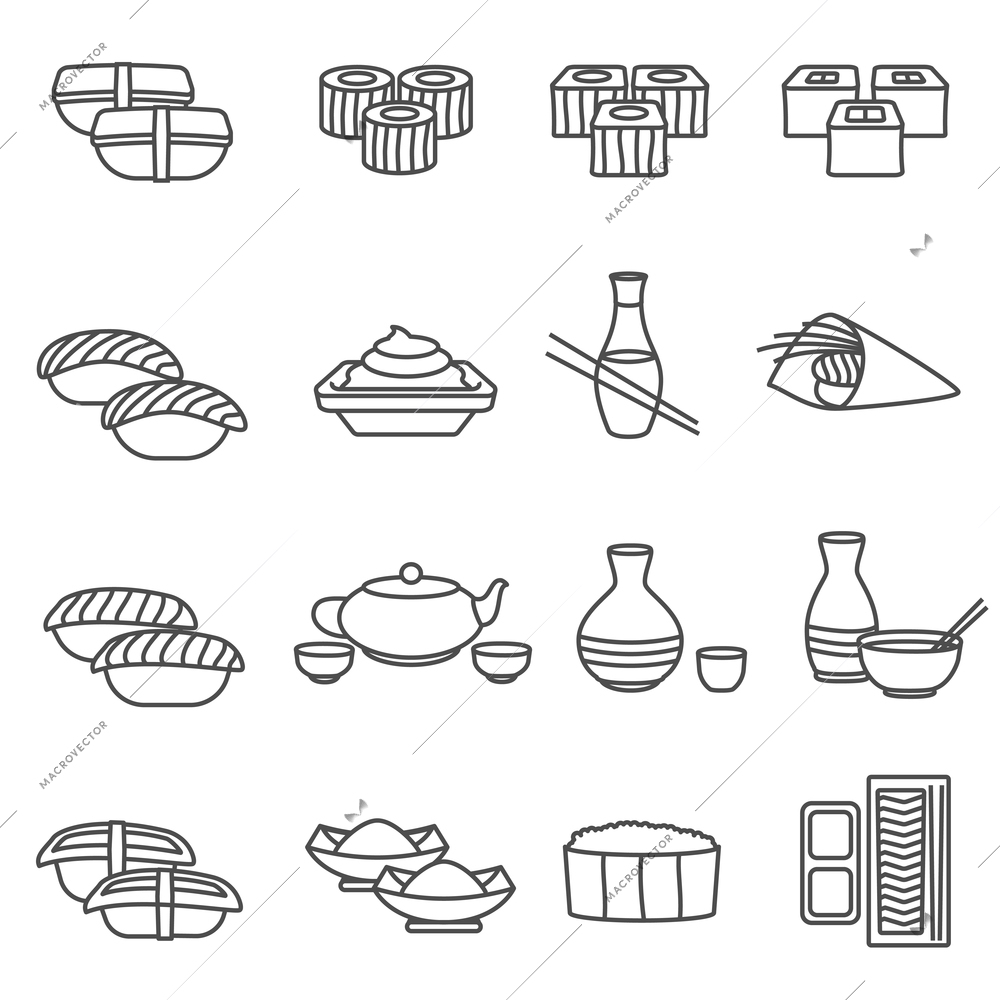 Sushi and traditional japanese fish cuisine line icons set isolated vector illustration