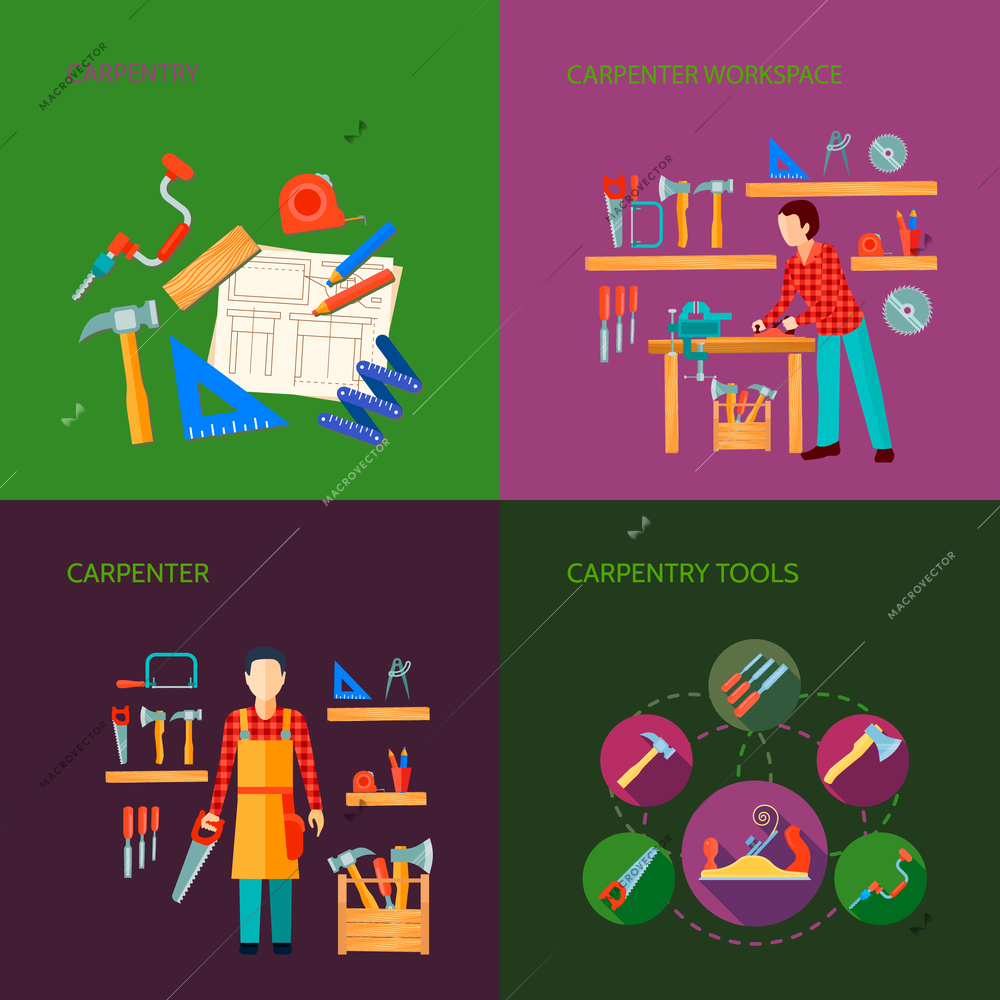 Carpentry works flat icons set composition design with tools carpenter joinery products isolated vector illustration