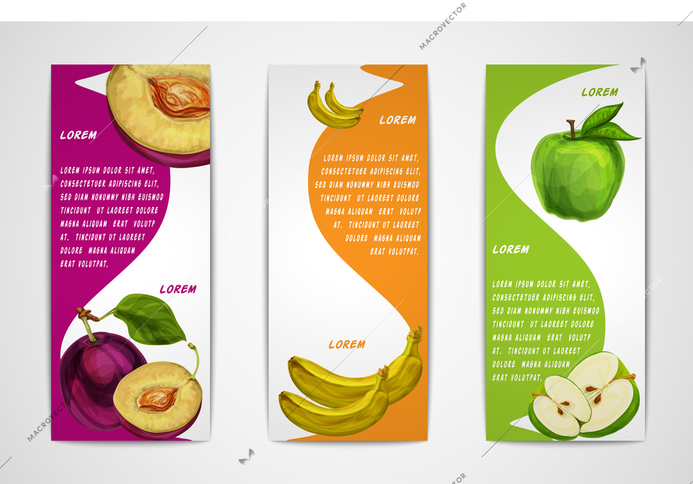 Mixed natural organic sweet fruits vertical banners collection of apple plum and banana for cafe dessert menu design template vector illustration