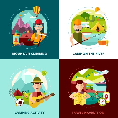 Camping types design concept four square icons abstract composition banner vector illustration