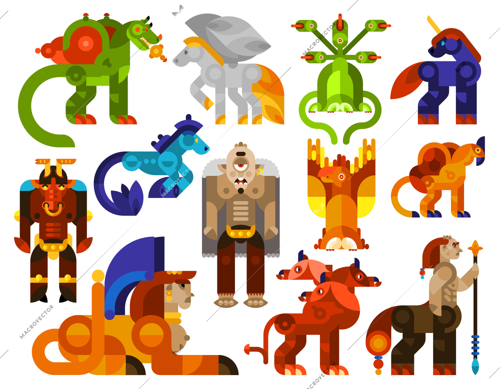 Mythical creatures icons set with legendary monster animals flat isolated vector illustration