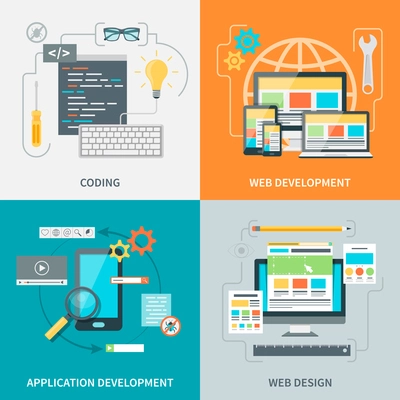 Set of pictures with various stages of website development process vector illustration