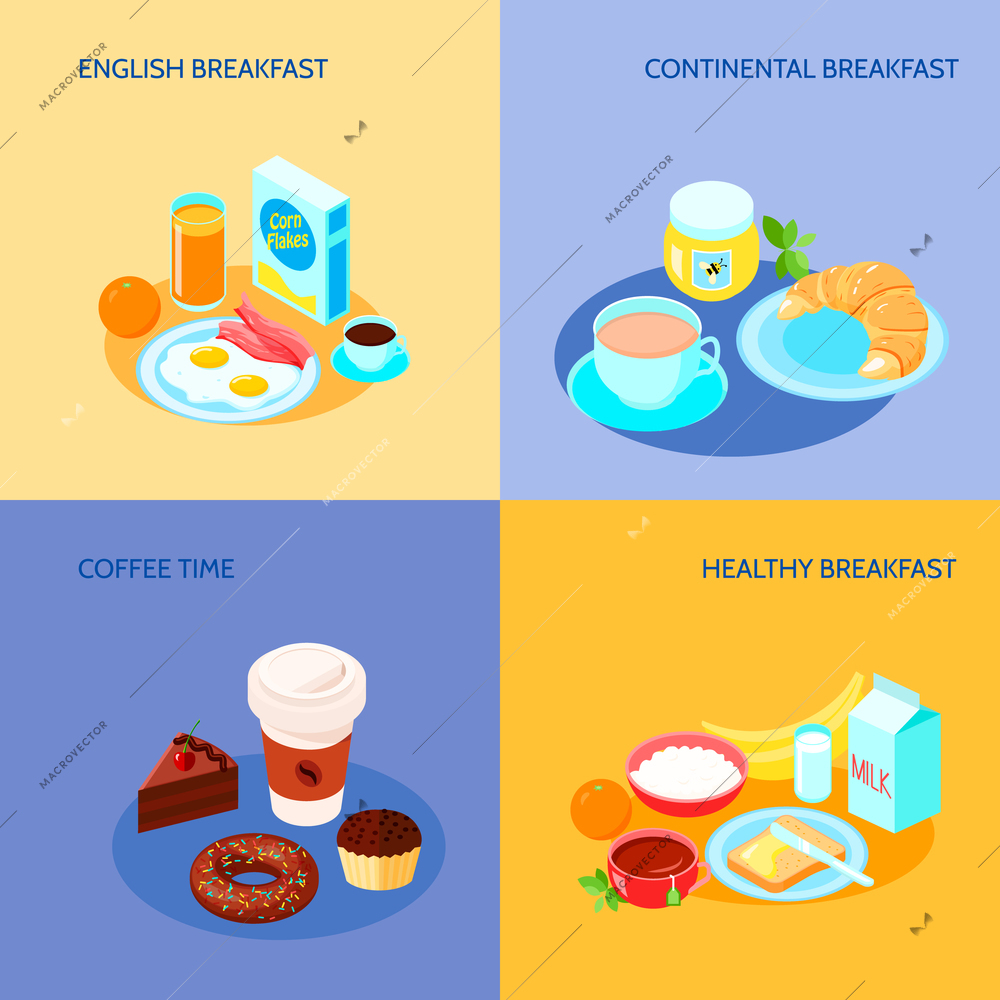 Different variants of Breakfast icons flat banner set with isolated vector illustration