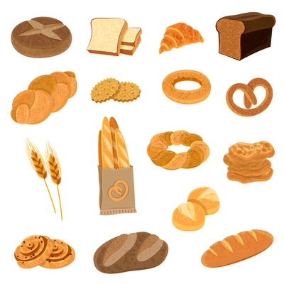 Bakery fresh bread varieties assortment flat icons collection with loaf and french baguette abstract isolated vector illustration