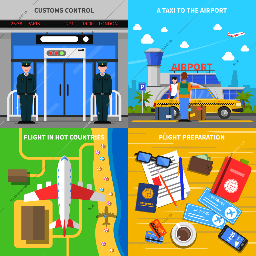 Airport departure concept 4 flat icons square composition with travel documents and custom control abstract isolated vector illustration